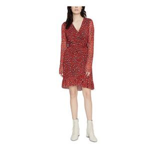 SANCTUARY Womens Red Animal Print Long Sleeve Knee Length Wrap Dress L